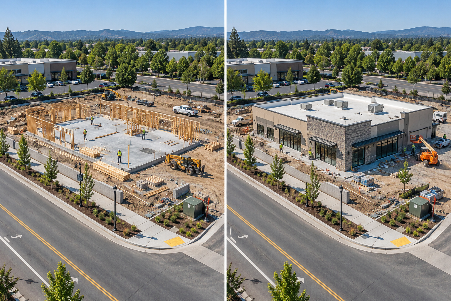 Illustrative comparison of early and later exterior construction stages