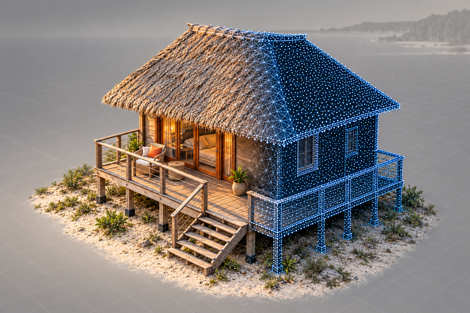 Illustrative beach bungalow reconstruction transitioning from textured surfaces to a point cloud