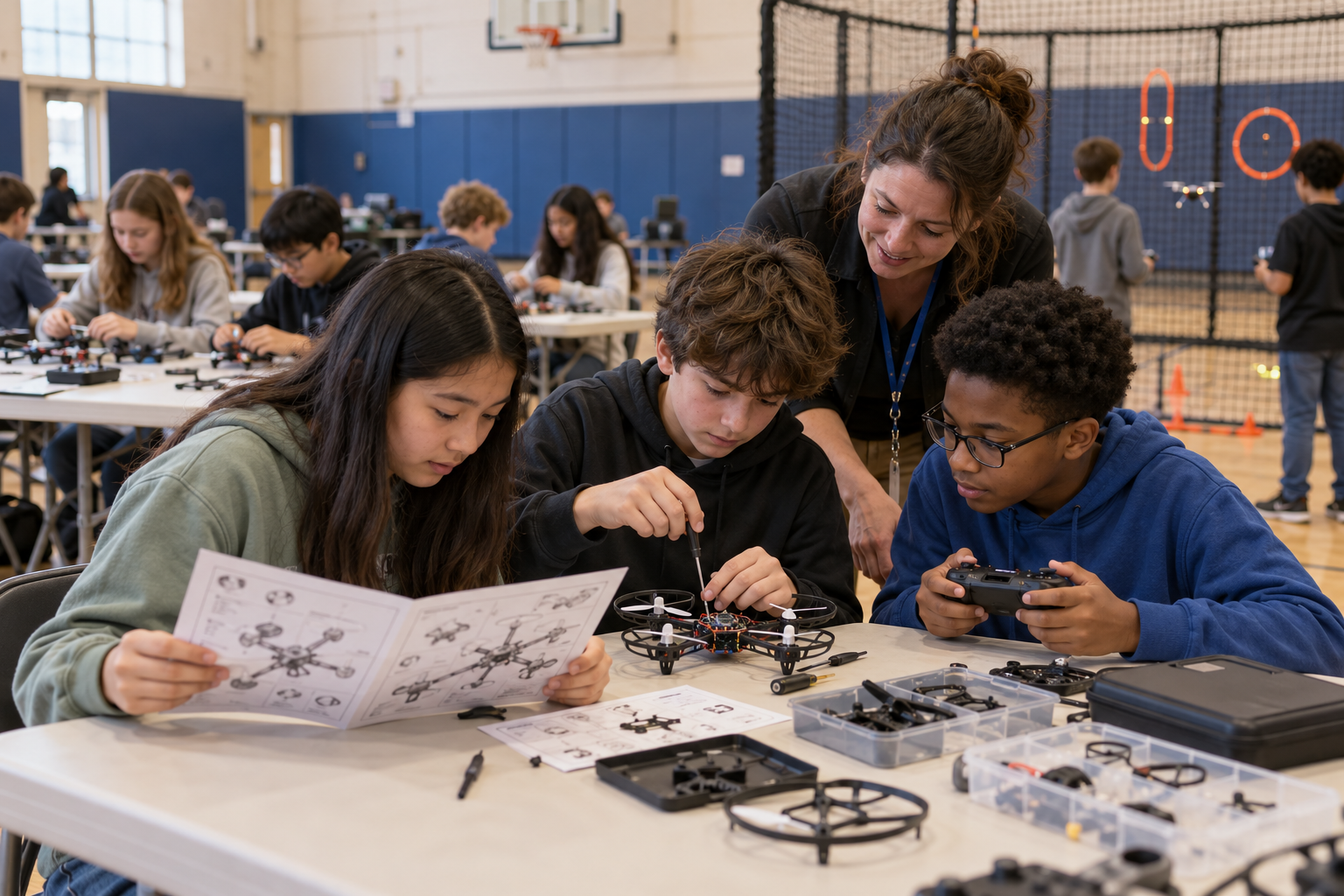 Illustrative school gym workshop with students collaborating to assemble guarded mini drones